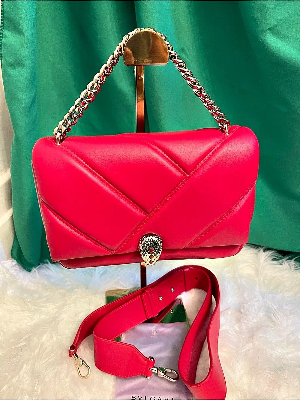 VGUC/ Pristine Bvlgari Serpenti Cabochon Shoulder Bag Small Pink Quilted Leather